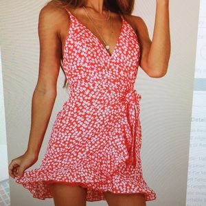 Red dress with white flowers.